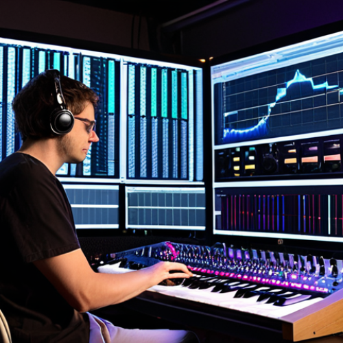 Home 11 **A sound designer in a modern studio, surrounded by synthesizers and digital audio workstations (DAWs). The screen displays a complex waveform, and the room is dimly lit with colorful LED lights. Focus on the creative energy and technological tools involved in crafting unique sounds.**