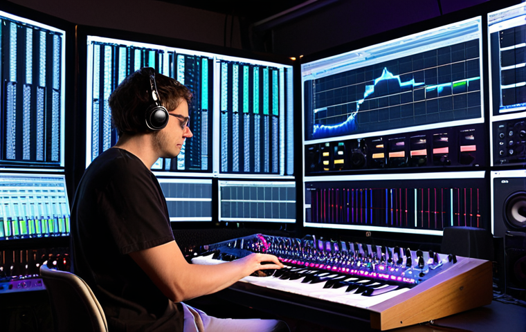 **A sound designer in a modern studio, surrounded by synthesizers and digital audio workstations (DAWs). The screen displays a complex waveform, and the room is dimly lit with colorful LED lights. Focus on the creative energy and technological tools involved in crafting unique sounds.**