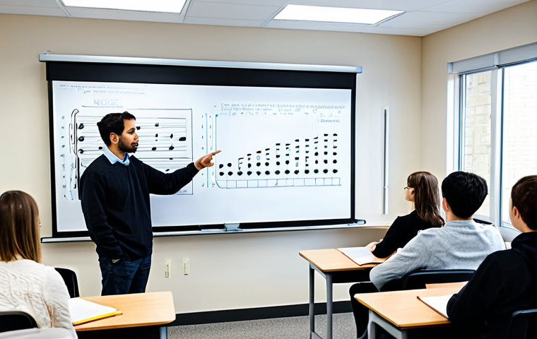 Engaging Music Theory Class**
"A diverse group of students attentively engaged in a music theory class, fully clothed, appropriate attire. The instructor, a friendly looking man in his 30s, is pointing to a music staff displayed on a smartboard. The classroom is bright and modern, filled with instruments and comfortable seating. The scene emphasizes collaboration and active learning. safe for work, professional environment, perfect anatomy, correct proportions, well-formed hands, proper finger count, natural pose, high quality, family-friendly."
**