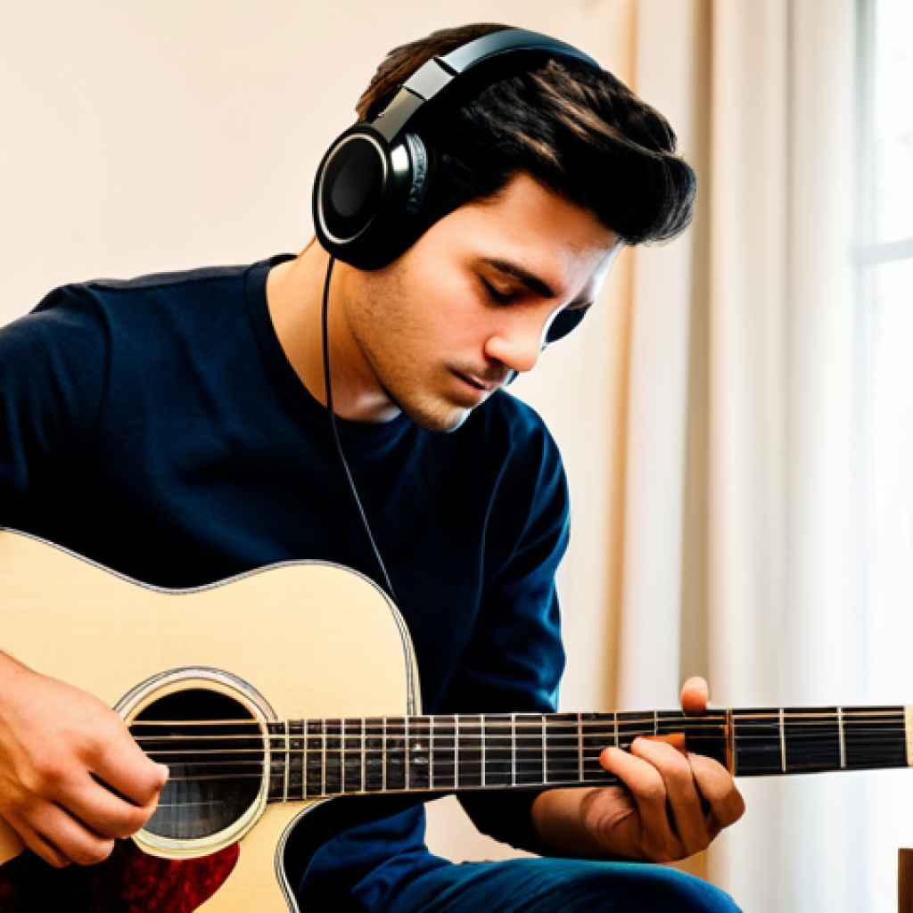 Learning by Ear**
A musician in a home studio, headphones on, intently listening to a song and playing a guitar, fully clothed, appropriate attire, safe for work, perfect anatomy, well-formed hands, warm lighting, comfortable setting, family-friendly, professional.
**