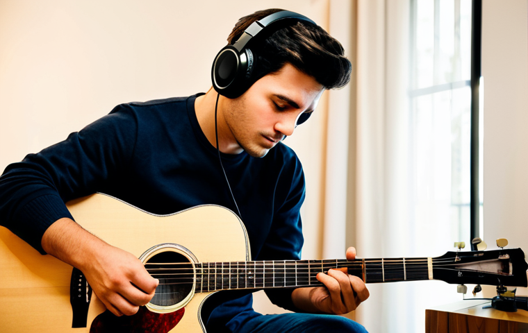 Learning by Ear**
A musician in a home studio, headphones on, intently listening to a song and playing a guitar, fully clothed, appropriate attire, safe for work, perfect anatomy, well-formed hands, warm lighting, comfortable setting, family-friendly, professional.
**