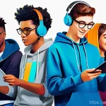 음악이론 학습을 위한 어플 추천 - **Prompt:** A vibrant, digital art illustration depicting a diverse group of teenagers (around 15-18...