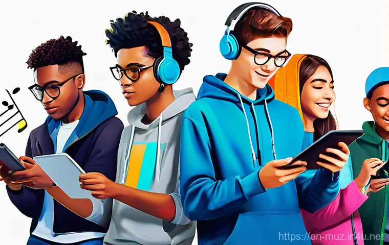 음악이론 학습을 위한 어플 추천 - **Prompt:** A vibrant, digital art illustration depicting a diverse group of teenagers (around 15-18...