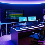 음악이론 시험과 실제 업무 비교 - **Prompt:** A dynamic, wide shot of a contemporary music producer in their home studio, deeply immer...