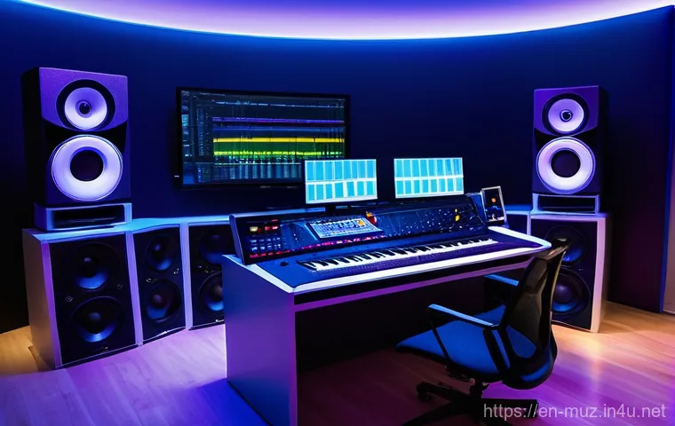 음악이론 시험과 실제 업무 비교 - **Prompt:** A dynamic, wide shot of a contemporary music producer in their home studio, deeply immer...