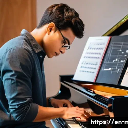 Home 27 음악이론 자격증 공부법 - A focused young adult musician sitting at a grand piano in a warmly lit room, studying a colorful sh...