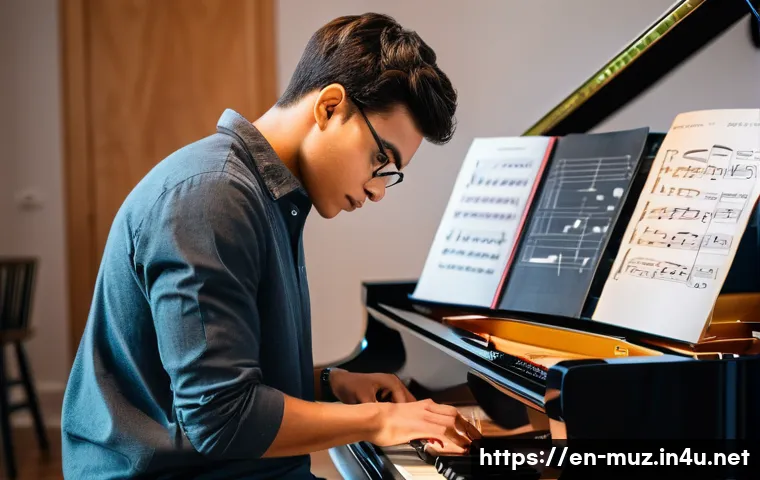 음악이론 자격증 공부법 - A focused young adult musician sitting at a grand piano in a warmly lit room, studying a colorful sh...