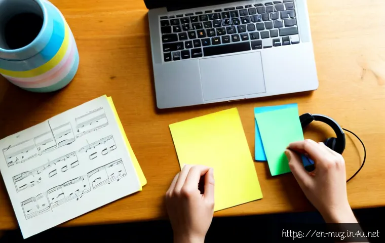 Home 30 음악이론 관련 블로그 키워드 전략 - Photorealistic overhead view of a home office desk for music education content planning, an adult cr...