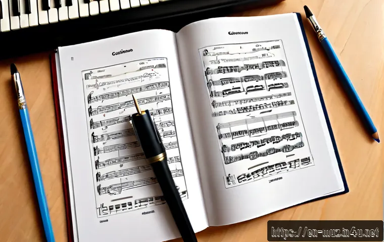 Home 17 음악이론 자격증 종류 비교 - Photorealistic overhead view of a tidy home study desk comparing music theory certification paths: a...
