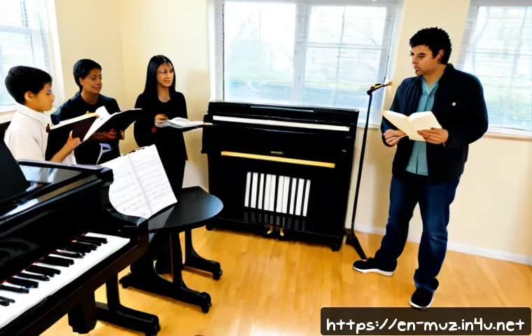 음악이론 자격증으로 강사 되는 법 - Photorealistic adult music theory instructor leading a small community college classroom, standing b...