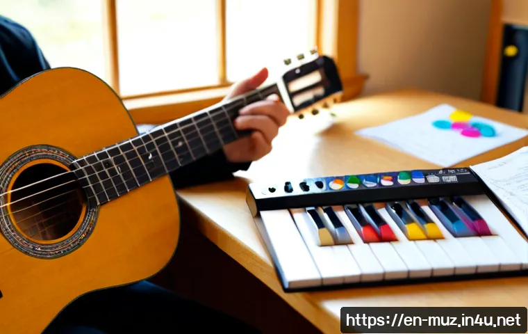 음악이론 공부 초보자 가이드 - Photorealistic beginner music theory study scene, an adult learner seated at a tidy wooden desk with...